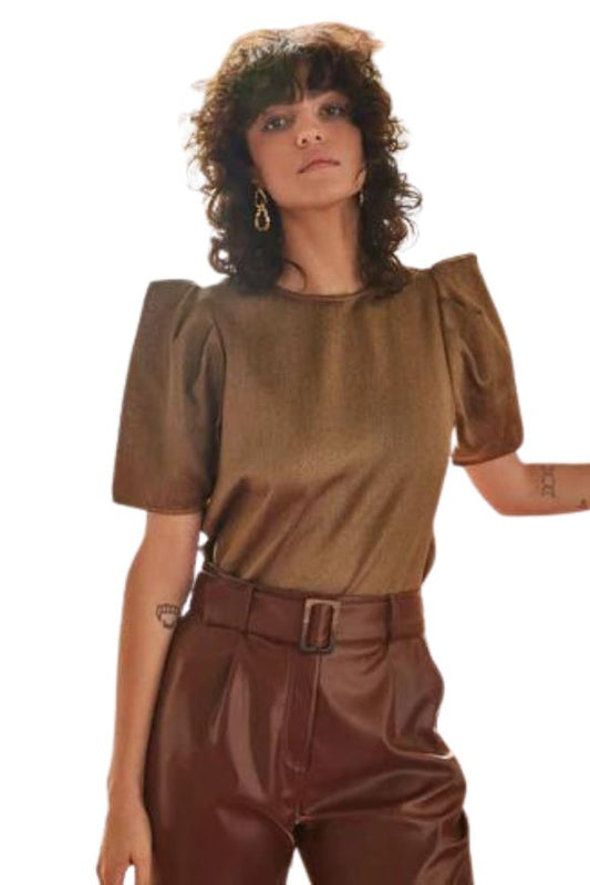 Esmaee Radiance Blouse from Outline Clothing. Constructed from 100% polyester, the Esmaee Radiance Blouse boasts a textured bronze fabric and a classic round neckline.