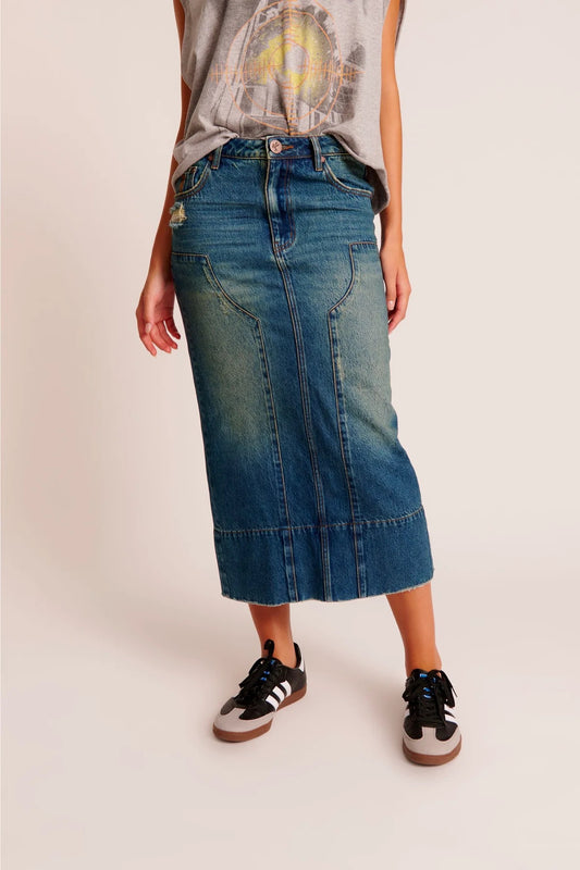 Gritty Blue Cassidy Column Mid Length Denim Skirt- One Teaspoon