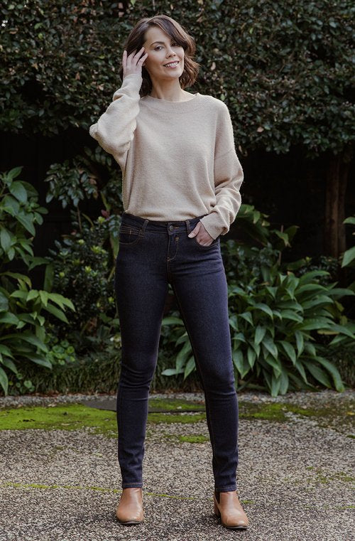 Perfect for everyday wear and a wardrobe staple. The New London Jean  -Stoke Jeans at Outline Clothing Geraldine - a must have this Winter  Full length Jean in a dark wash with a 23cm rise  Leg is straight from the lower thigh down