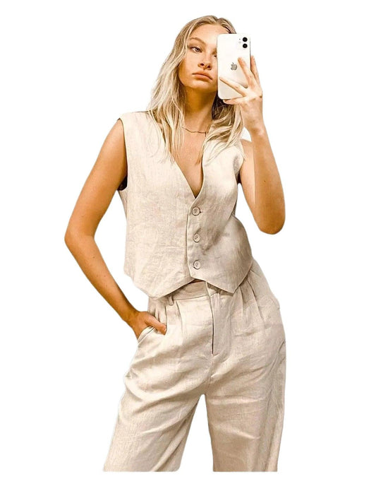 From the White Linen Label is the Oatmeal Linen Vest at Outline Clothing