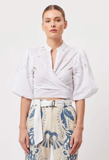Flores Embroidered Puff Sleeve Shirt - White
